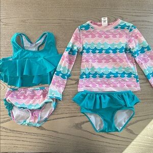 Rufflebutts Mermaid 4-Piece Long Sleeve Rash Guard, Skirted Bikini and Top